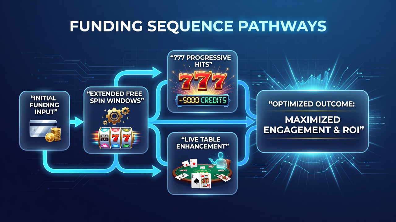 Flowchart of payment sequences linking free spins to 777 progressive hits and live dealer entries