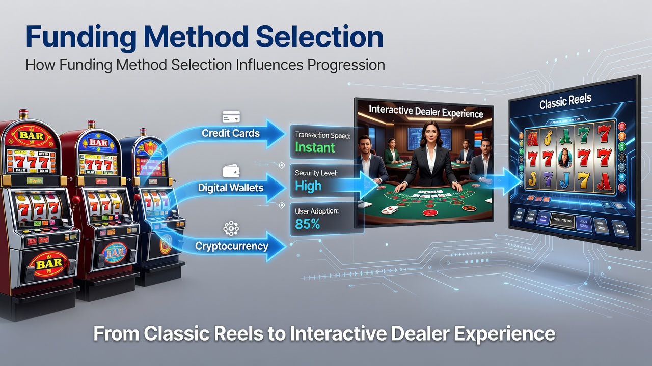 Illustration of funding method icons leading players from slot machine reels toward live dealer gaming tables