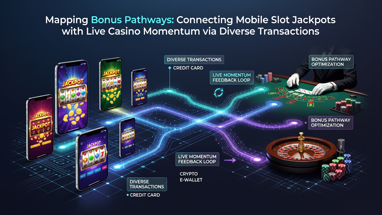 Live casino table with overlaid transaction flow showing bonus credits moving from mobile slots to dealer games