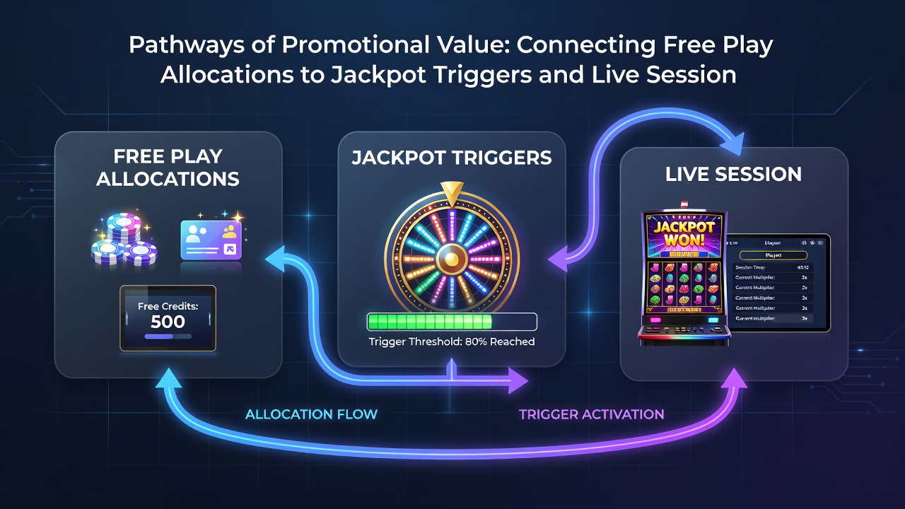 Diagram illustrating connections between free play credits, jackpot meters, and live casino tables on mobile devices