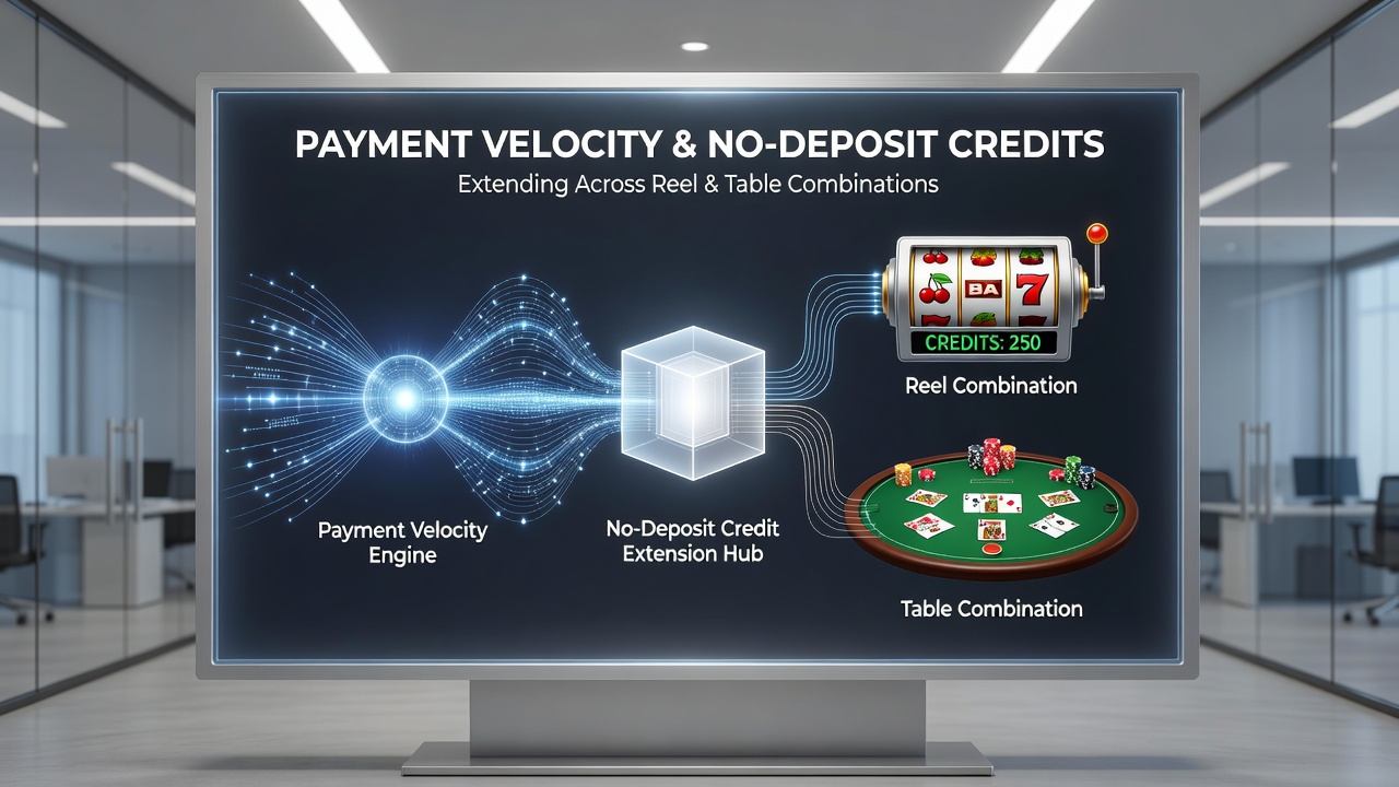 Diagram showing payment velocity pathways moving no-deposit credits from slot machines to blackjack and roulette tables