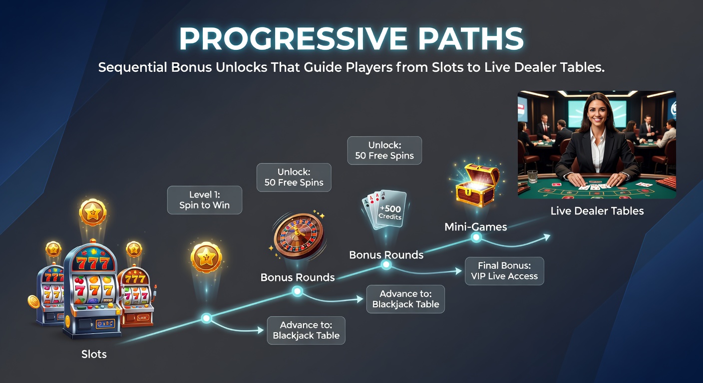 Screenshot of a casino app dashboard showing a bonus progress bar from slot free spins to live dealer unlocks, with jackpot meters in the background