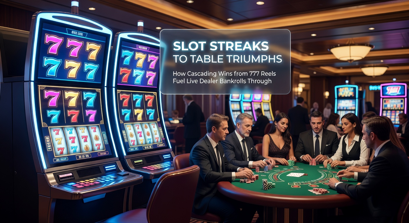 Dynamic promo chain graphic showing 777 slot wins flowing through bonuses into live dealer roulette and baccarat sessions