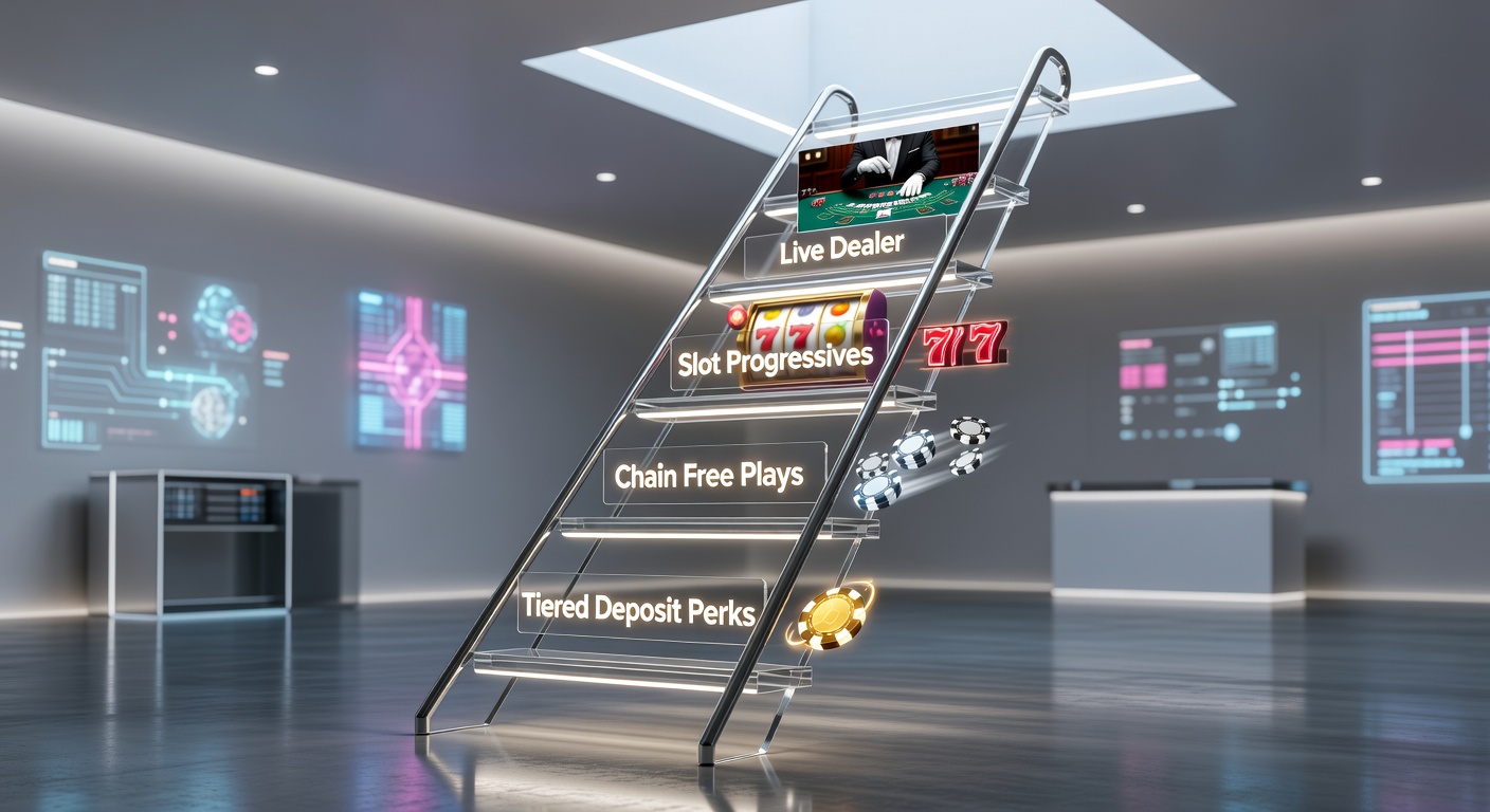 Dynamic graphic showing free spin chains exploding into progressive jackpot meters and flowing toward live dealer blackjack tables, with tier labels marking the progression path